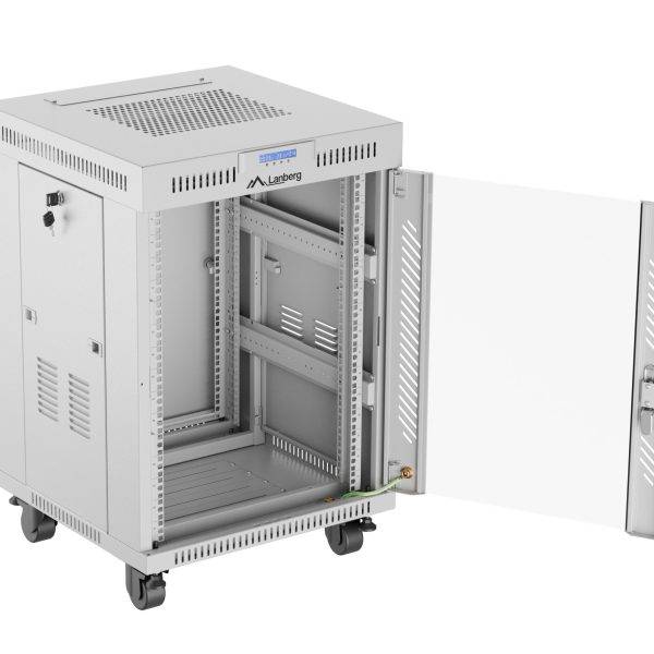 Lanberg Free Standing Cabinet 19'' with Glass Door 15U 60cm Ventilation Panel with LCD, 2 Fans & Thermostat Grey (not assebled)