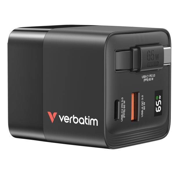 Verbatim Charger Wall 65W GaN 2-Port Retractable Cable & Display