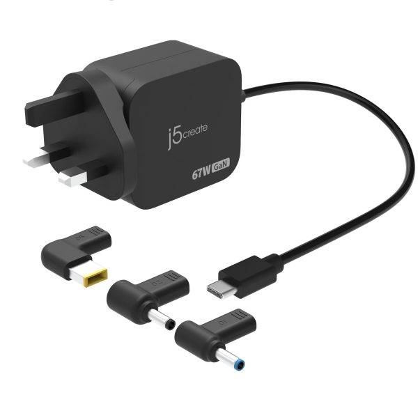 j5create Charger Laptop 67W GaN USB-C PD with 3 Detachable DC Connectors UK JUP1565DCF3A