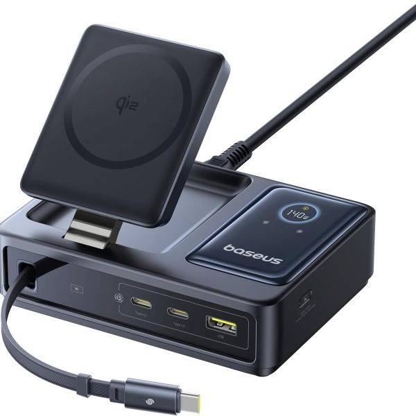 Baseus NOMOS 5in1 Desktop 140W Wired & Wireless Charger Qi2 3xUSBC+1A with LED Display UK Plug