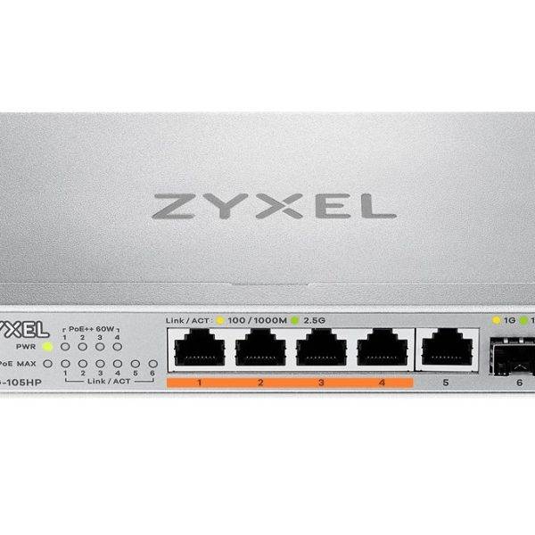 Zyxel 5-Port 2.5G Multi-Gigabit PoE Switch, 4 PoE + 10G SFP+ XMG-105HP