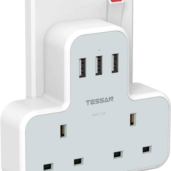 Tessan 2-Gang plug Through UK Charger 2 USB A USB C 13A TS-221-C