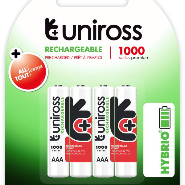 Uniross AAA 1000 Hybrio Rechargable Batteries 4Pcs