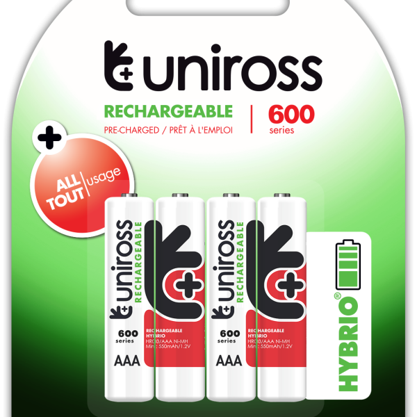 Uniross AAA 600 Hybrio Rechargable Batteries 4 Pcs