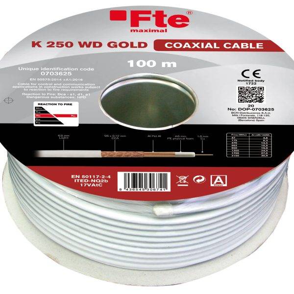FTE K250WD Gold Coaxial RG6 Copper LSZH Cable 100m CPR Dca