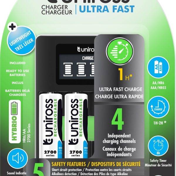Uniross UCU005A Ultra Fast Charger 1hr for AA/AAA Incl 4xAA 2700 Batteries