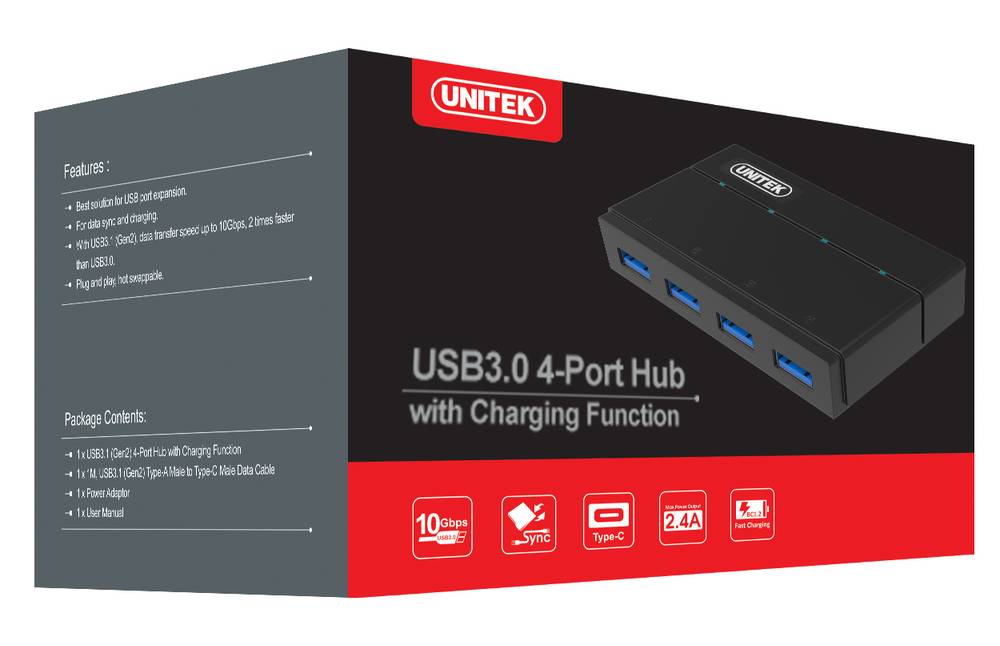 Unitek Y-HB03001 USB3.0 4-Port Hub Incl 12VA2A Power Adaptor - Image 2