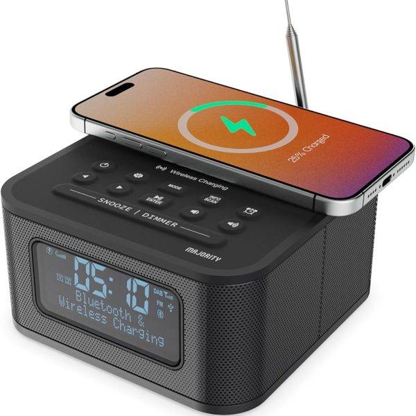 Majority Radio Bedside Alarm Clock,W/less Charg,BT,FM,LCD w/Temp Darwin