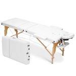 White wooden foldable massage table with 3 zones and headrest.