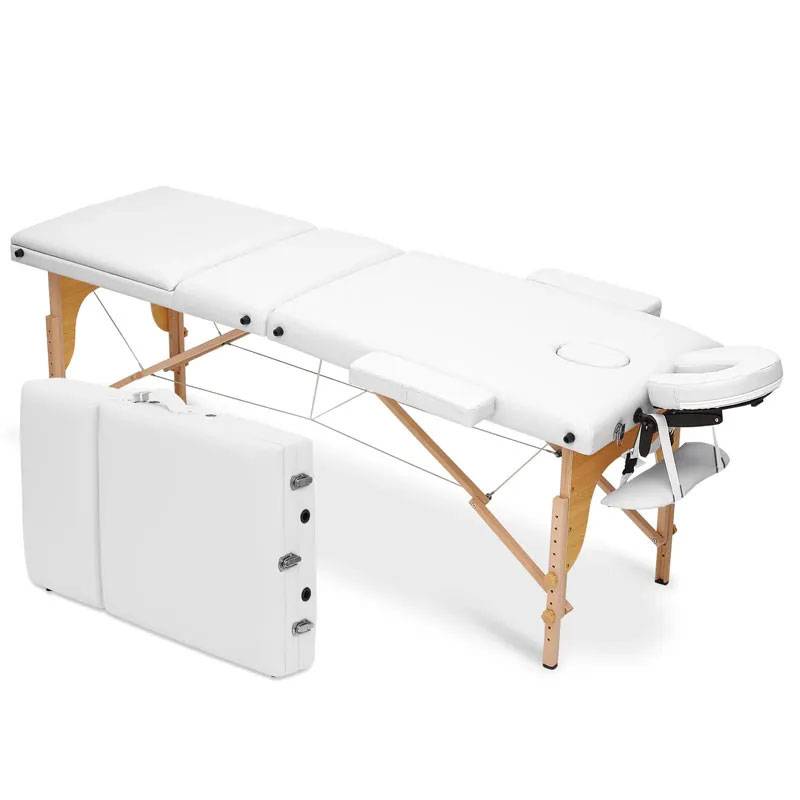 White wooden foldable massage table with 3 zones and headrest.