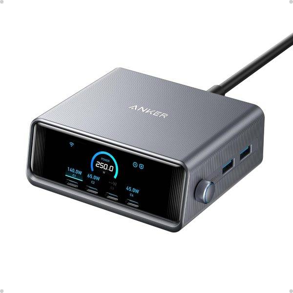 Anker Prime 250W USB C Charger, Ultra-Fast 6-Port GaN Charging Station, 2.26" LCD Display and Smart Control Dial Black