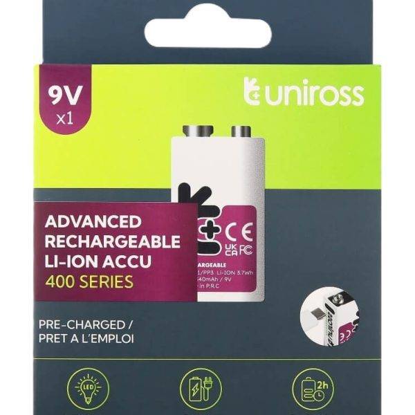 Uniross USB-C Rechargeable Lithium 9V Battery 400mah (1pc)