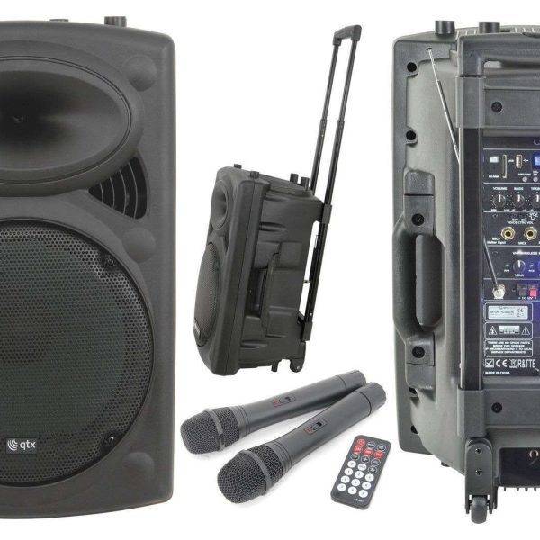 QTX QR12PA 12'' Professional Portable Karaoke & PA Speaker with 2x Wireless Microphones, Bluetooth USB & FM 178.847UK