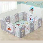 Παρκοκρέβατο Μωρού XXL 150x188cm Grey White με φράκτη ασφαλείας, μπασκέτα και στρώμα παιχνιδιού